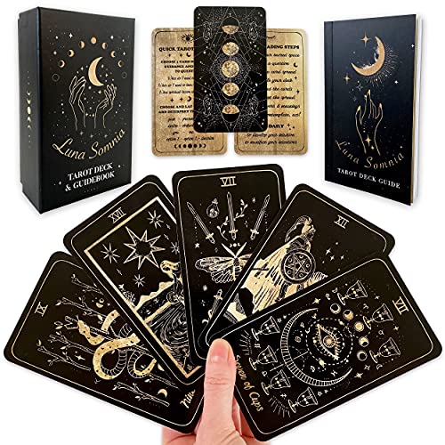 Luna Somnia Tarot Deck with Guidebook & Box - 78 Cards Complete Full Deck by Shores Of Moon - Starry Dreams Celestial Astrology Witchy Black Divination Tool