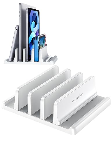Vaydeer 3-Slot Vertical Laptop Stand Made of Premium ABS Plastics 5 in 1 Design Space-Saving Adjustable Desk Organizer for All MacBook/Chromebook/Surface (White) - White