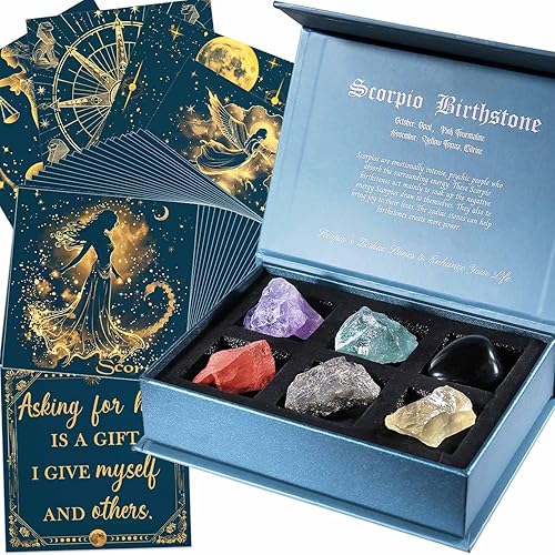Faivykyd Scorpio Birthday Crystals Gifts - w/50 Daily Affirmations Cards and 6 Healing Crystals Natural Stones, Positive Affirmations with Inspirational Quotes, Spiritual Gifts for Women - Scorpio - Motivational