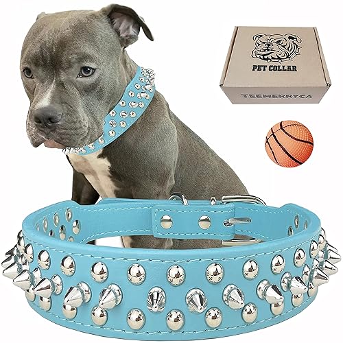 TEEMERRYCA Adjustable PU Leather Spiked Studded Dog Collars with a Squeak Ball Gift for Small Medium Large Pets Like Cats/Pit Bull/Bulldog/Pugs/Husky, Blue, XL 17.7"-20.5" - X-Large: Neck 17.7"-20.5" - BLUE