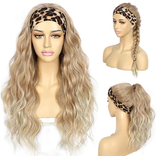 SAPPHIREWIGS Body Wave Headband Wigs for Women Honey Blonde with Tips Synthetic Hair Wear And Go Glueless Wig Natural Long Wavy Half Wigs for Black Women Daily Use 26inch - Honey Blonde with Tips