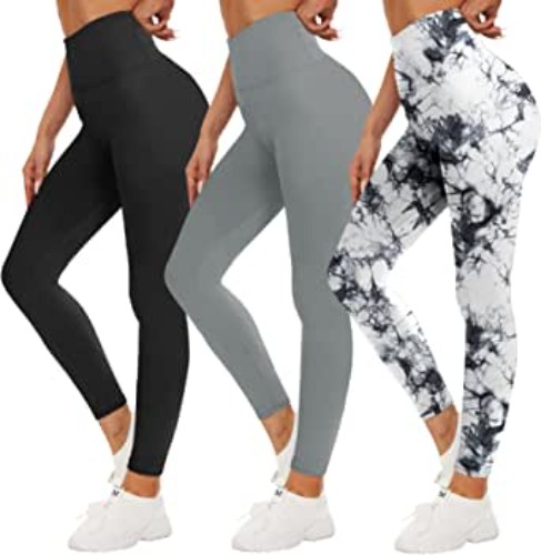 QGGQDD 3 Pack Black High Waisted Leggings for Women - Buttery Soft Workout Yoga Athletic Leggings - Black/ Light Grey/ White Tie-dye Small-Medium