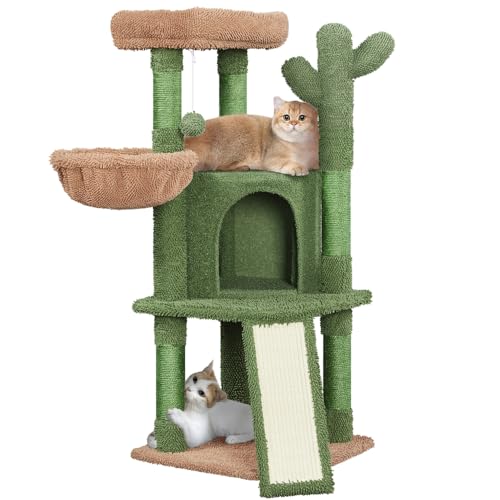 Topeakmart 42″ H Cactus Cat Tree, Cute Cat Tower w/Scratching Posts, Indoor Cat Furniture Cat Activity Center Play House w/Platform, Condo, Basket & Hanging Ball - Green/Brown