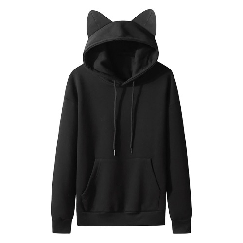 Kawaii Hooded Sweatshirts Cute Cat Ears Hoodies for Men Plain Pullover Drawstring Pocketed Coat Jacket for Men - Medium Black