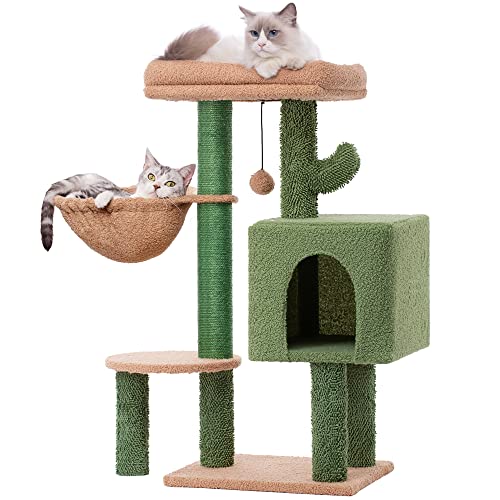 MeowSir Cat Tree Cute Cat Tower Tree Cactus Cat Scratching Post with Large Top Perch, Comfy Hammock, Private Condo, Fully Natural Sisal Scratching Post and Dangling Bell Ball for Indoor Cats- Khaki - New Khaki