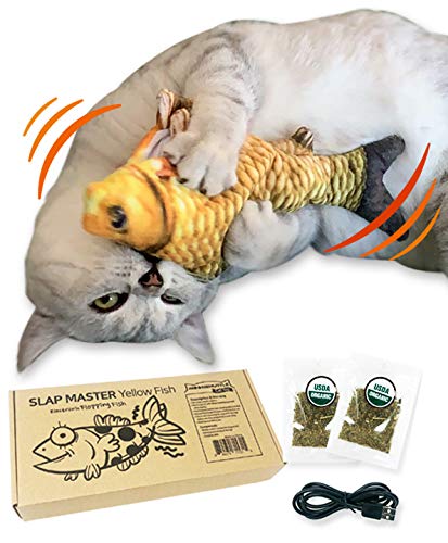 Moonshuttle Electronic Flopping Fish Cat Toy Slap Master, Dancing Fish, Cat Kicker Fish Toy, Organic Catnip, Rechargeable, Interactive Cat Toy, Cat Exercise Toy (Yellow Fish) - Yellow Fish