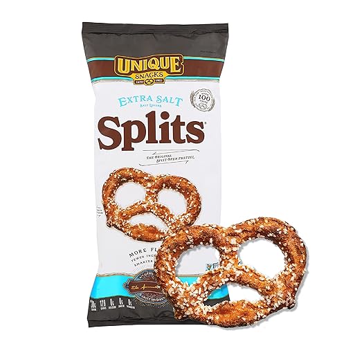 Unique Snacks Extra Salt Splits Pretzels, Original Split-Open Pretzels, Delicious Homestyle Baked Snack Bag, OU Kosher, and Non-GMO Food, No Artificial Flavor, 11 Oz. Bag, Pack of 6 - Salted - 11 Ounce (Pack of 6)