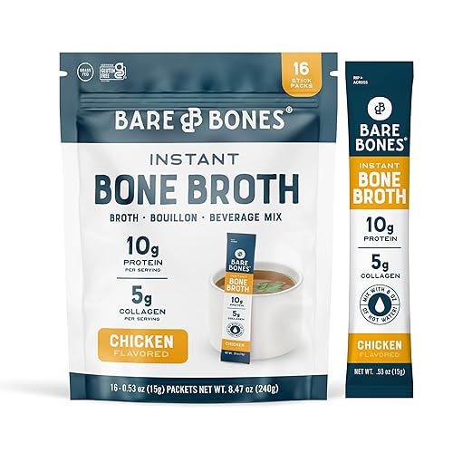 Bare Bones Chicken Bone Broth Instant Powdered Mix | Rich Savory Packets on-the-Go No Artificial Flavors | 100% Grass Fed Keto & Paleo Friendly | 10g Protein | 16 Pack - Chicken - Pack of 16