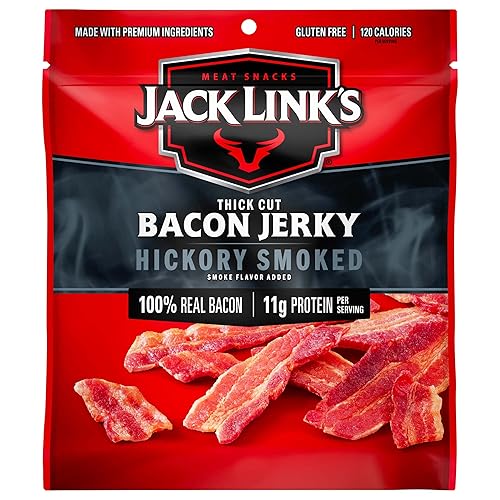 Jack Link's Bacon Jerky, Hickory Smoked, 2.5 oz. Bag - Flavorful Ready to Eat Meat Snack with 11g of Protein, Made with 100% Thick Cut, Real Bacon, Perfect Hunting Trip Snacks (Packaging May Vary) - Bacon Jerky - 2.5 Ounce (Pack of 1)