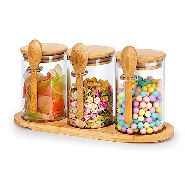 3-pack 18oz Airtight Glass Storage Canister with Wood Lid Spoon and Tray, Food Glass Jars ,Overnight Oats Containers with Lids,Decorative Kitchen Jars for Coffee Tea Sugar Spice,Salt Containers