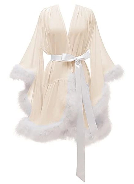 Changuan Feather Bridal Robe Sexy Wedding Scarf Illusion Nightgown Robe Sheer Bathrobe Sleepwear