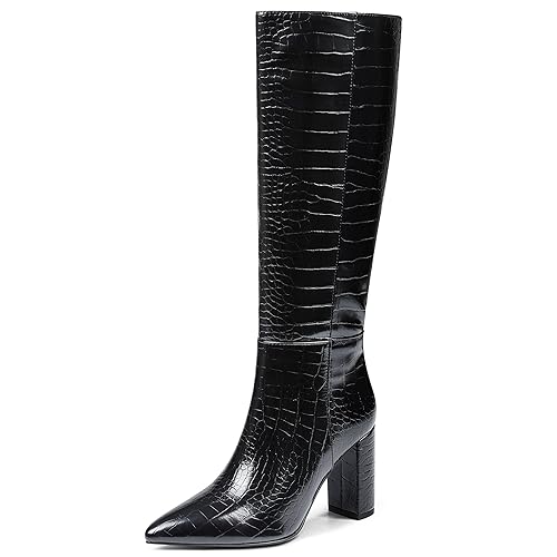 Knee High Boots Women Snake Faux Boots Black