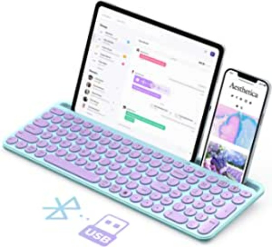 Cute Wireless Bluetooth Keyboard, seenda Dual Mode (Bluetooth + 2.4G) Round Key Typewriter Keyboard with Number Pad Integrated Stand for Mac OS/Windows Computer, iOS/Android Tablet Phone, Green Purple