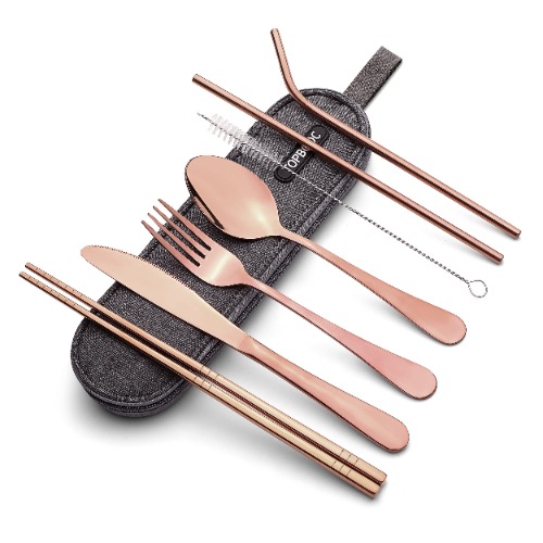 Portable Stainless Steel Flatware Set, Travel Camping Cutlery Set, Portable Utensil Travel Silverware Dinnerware Set with a Waterproof Case (Rose Gold) - Rose Gold