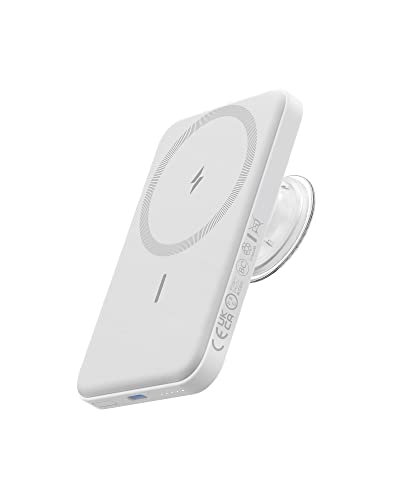 Anker 622 Magnetic Battery (MagGo with PopSockets Grip), 5,000mAh Portable Charger with Swappable PopGrip and Stand, USB-C for iPhone 14/13/12 Series (White) - white