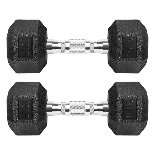 Zoomster Hex Dumbbells Rubber Coated Cast Iron Hex Black Dumbbell Free Weights for Exercises - 15 Pounds / Pair