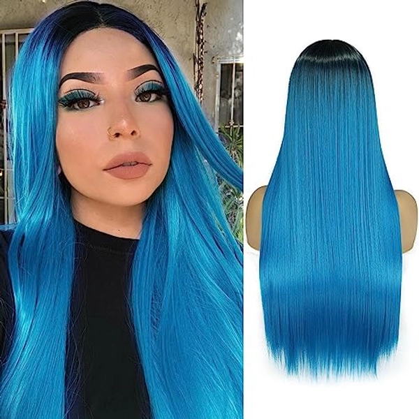 WIGER Ombre Wigs Long Straight Colored Hair Synthetic Wig Heat Resistant Fiber Natrual Looking Daily Party Cosplay Costume Wigs for Women Girls(Black&Blue)