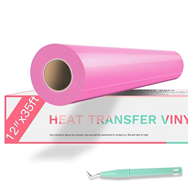 HTVRONT HTV Vinyl Rolls Heat Transfer Vinyl - 12" x 35ft Pink HTV Vinyl for Shirts, Iron on Vinyl for Cricut & Cameo - Easy to Cut & Weed for Heat Vinyl Design (Pink)