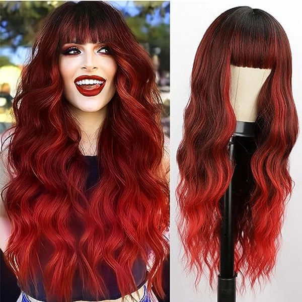 BOGSEA Red Wigs with Bangs Long Wavy Red Wig for Women Ombre Red Wigs with Bangs Synthetic Heat Resistant Fiber Wigs for Daily 26 Inch
