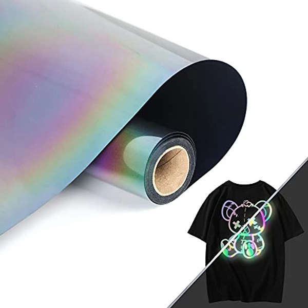 RENLITONG Reflective Rainbow Heat Transfer HTV Vinyl Roll 12'' x 5' Rolls for DIY T-Shirts Iron On Vinyl for Silhouette Easy to Cut & Weed
