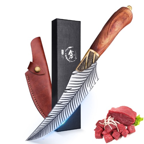 Boning Knife, 6 Inch Professional Viking Knife Meat Cleaver Full Tang Forged Kitchen Cooking Knife with Sheath Gift Box for Outdoor Camping - Feather Boning Knife