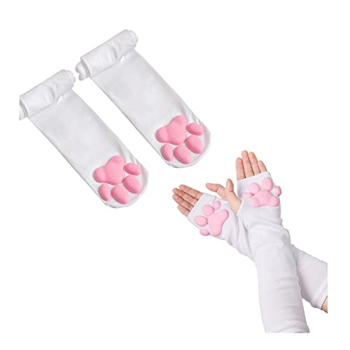 Cat Paw Oberschenkelhohe Socken Golves, niedliche weiche 3D-Zehenbohnen, Socken, Fäustlinge, Kätzchen, Krallenpolster, Socken für Mädchen und Frauen, Cosplay-Set - Weiße Socken und lange Handschuhe