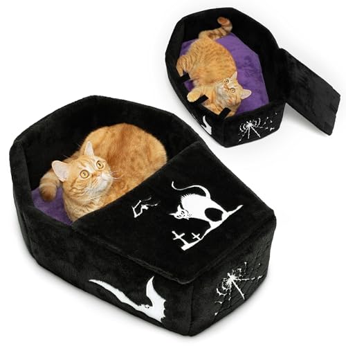 Gothic Cat Bed with Purple Cushion - Coffin Cat Bed Ideal as Halloween Cat Bed, Perfect Goth Cat Bed in Black and Purple for Gothic-Themed Homes
