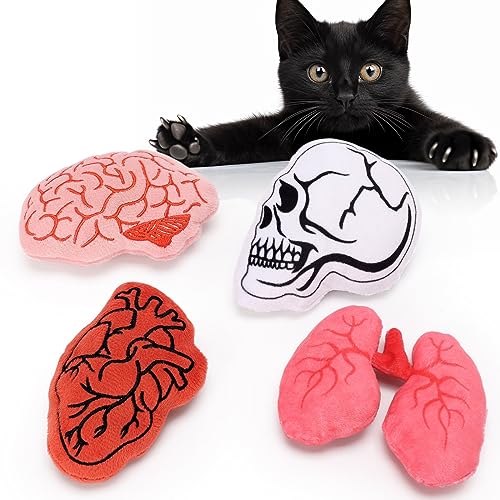 Petsinurarea Anatomical Catnip Toys Halloween Cat Toys Heart Brain Chew Bite Resistant Toys for Cats Boredom Relief Teeth Cleaning Interactive Cat Toys Catnip Filled Christmas Cat Lover Gift Set of 4 - Black