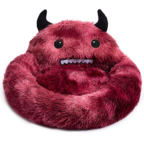 Hollypet Self-Warming Donut Pet Bed Luxury Cozy Nest Monster Sleeping Bed Round Faux Fur Bed for Cats, Red - 20 x 20 x 5 IN - Burgundy Red