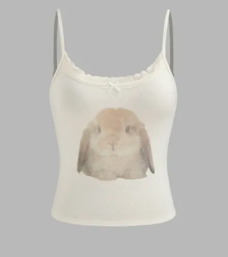 Scoop Neckline Rabbit Graphic Bowknot Lace Trim Cami Top
