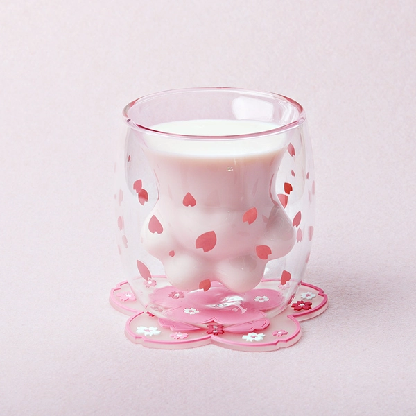 Cat Paw Cherry Blossom Cup Cute Sakura Double Wall Glass Cups 4 OZ - Transparent