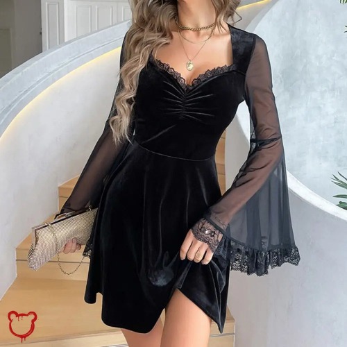 'Mystic' Gothic Mesh Flare Dress - black / M