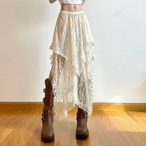 Lace Beige Fairycore Asymmetrical Skirt - Beige / One Size(40-60kg)