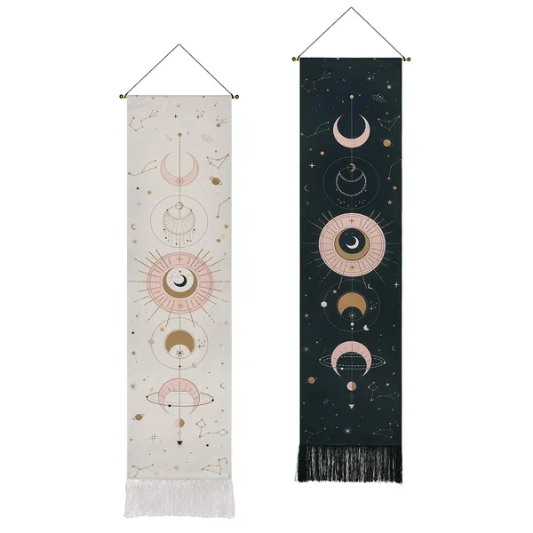 2 Pack Moon Phase Tapestry Moon Tapestry Wall Hanging Art Bohemian Tapestries Black and White Tapestry for Room (Black+White, 12.8 x 51.2 inches)