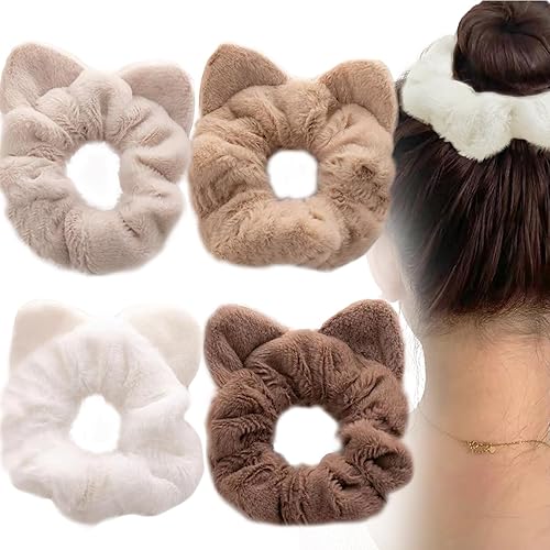 4 PACK Plush Cat Ear Hair Scrunchies for Girls,Soft Hair Ties Cute Kawaii Elastic Hair Scrunchies Ponytail Holder Hair Accessories for Women