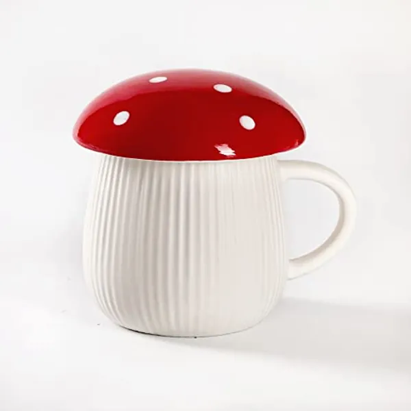 AVAFORT Mushroom Lid Ceramic Coffee Mug Mushroom Ceramic Mug with Handle and Lid, 10oz (RED WITH DOT) - RED WITH DOT