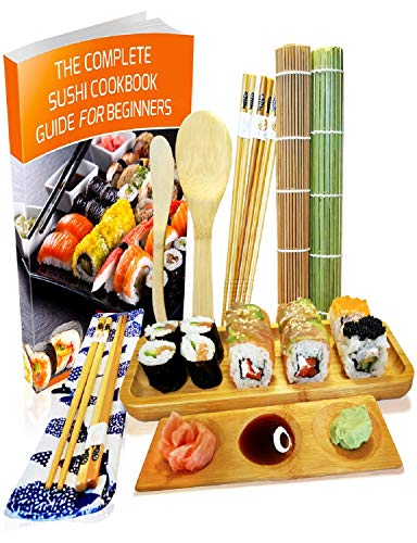 Sushi Making Kit 11 Pcs - Bamboo Sushi Rolling Mat and Serving Set - Make Your Own Sushi at Home - 2 Mats, 5 Pairs Chopsticks with Bag, Paddle, Spreader, Serving Platter, Triplet Sauce dish with Book - 11 Pcs-sushi Making Kit