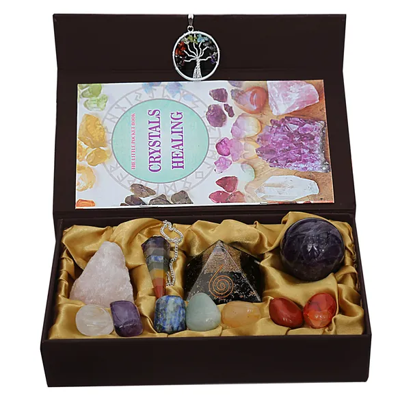 Crystals Healing Stones Chakra Mineral Starter Set/Crystal Healing Kit of 13 Pieces 7 Chakra Tumbled Gemstones, Reiki, Chakra, Healing, Bohemian, Natural with Reiki Dewsing Pendulum, Amethyst Ball