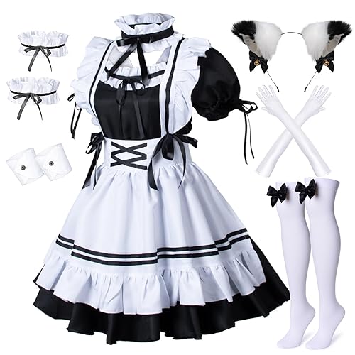 Wannsee Anime French Maid Apron Lolita Fancy Dress Cosplay Costume Furry Cat Ear Gloves Socks Set(Black/Pink) - Large - Black-white