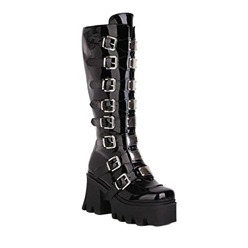 Womens Knee High Boots Fashion Buckle Strap Goth Punk Style Mid Calf Boots Round Toe Platform Wedges Motorcycle Boots - 9.5 - Black