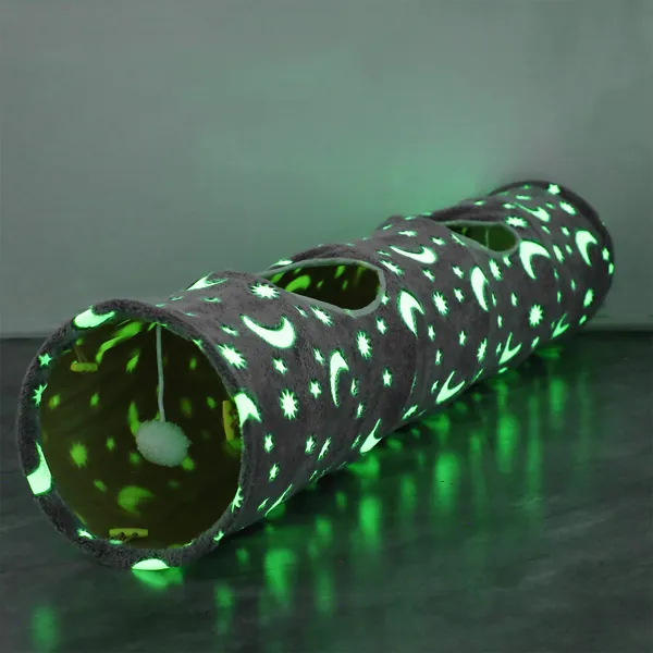 LUCKITTY Cat Tunnel Tube with Plush Ball Toys Collapsible Self-Luminous Photoluminescence, for Small Pets Bunny Rabbits, Kittens, Ferrets,Puppy and Dogs Grey Moon Star - 47.2Inch