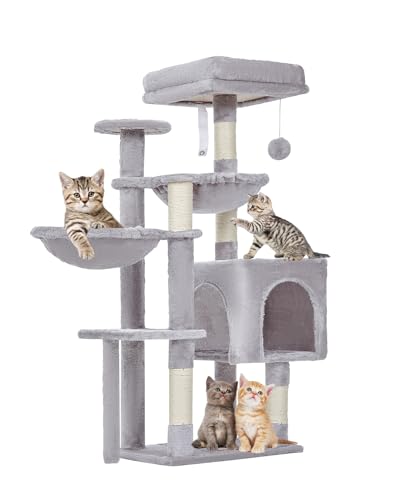 Taoqimiao Cat Tree, 39.4-Inch Cat Tower for Indoor Cats,Suitable for Kittens,Plush Cat Condo with 5 Scratching Posts, Plush Perch,2 Hammock,Pompoms, MS019W Light Gray - 39.4In - Light Gray