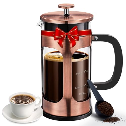 BAYKA 34 Ounce 1 Liter French Press Plunger Coffee Maker Cafetière, Glass Copper Stainless Steel Coffee Press, Cold Brew Heat Resistant Borosilicate Coffee Pot for Camping Travel Gifts - Copper - 34 oz