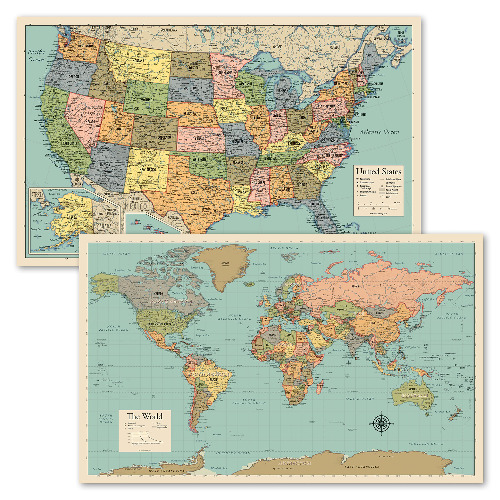 2 Pack - World Map Poster & USA Map Chart [Tan/Color] (Laminated, 18” x 29”) - Laminated 18” x 29”