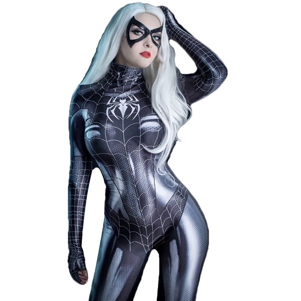 JasmyGirls Sexig superhjältedräkt för cosplay och halloween. Spindelkdräkt i ett stycke för anime och rollspel, metallisk jumpsuit, kattdräkt