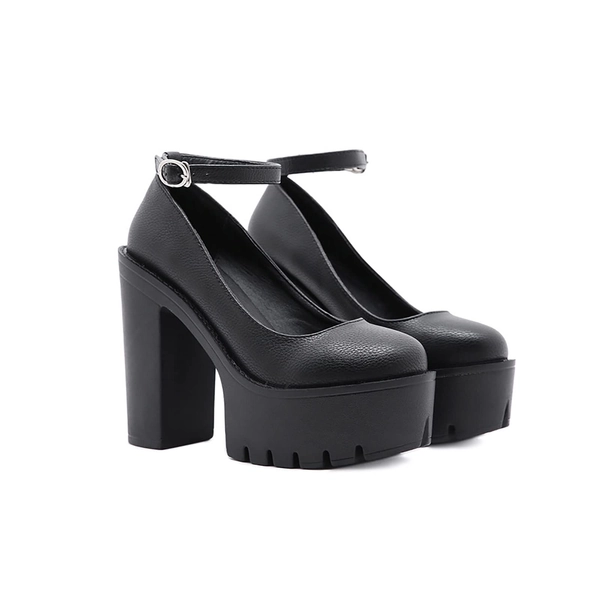 Kvinnors Chunky High Heels Platform One Word Belt Pumps Mary Jane Skor Bekväma Round Toe Dress Pumps (Color : Black, Size : 38)