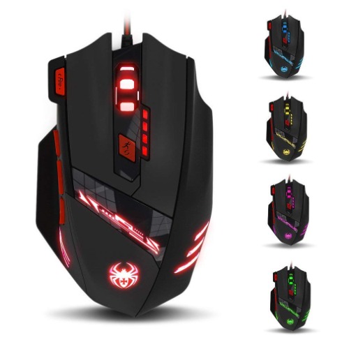 zelotes T90 Gaming Mouse 9200 DPI, 8 knappar multilägen LED-lampor USB spelmöss, viktinställning för bärbar dator, stationär dator, PC, Macbook - svart