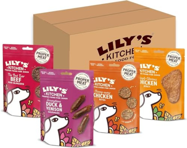 Lily's Kitchen Natural Dog Treats Multipack - Beef Mini Burgers, Duck and Venison Sausages, Chicken Bites & Chicken Jerky (8 x 70 g) - Multi