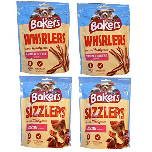Baker Bacon & Cheese Whirlers 2 x 130g and Bacon Sizzlers 2 x 90g Dog Treats