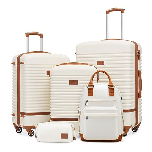 COOLIFE Suitcase Trolley Carry On Hand Cabin Luggage Hard Shell Travel Bag Lightweight with TSA Lock,The Suitcase Included 1pcs Travel Backpack and 1pcs Toiletry Bag (White/Brown, 5 Piece Set) - 5 Piece Set - White/Brown